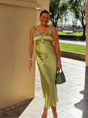 Reformation Lime Green Satin Ruffle Strap Nightgown